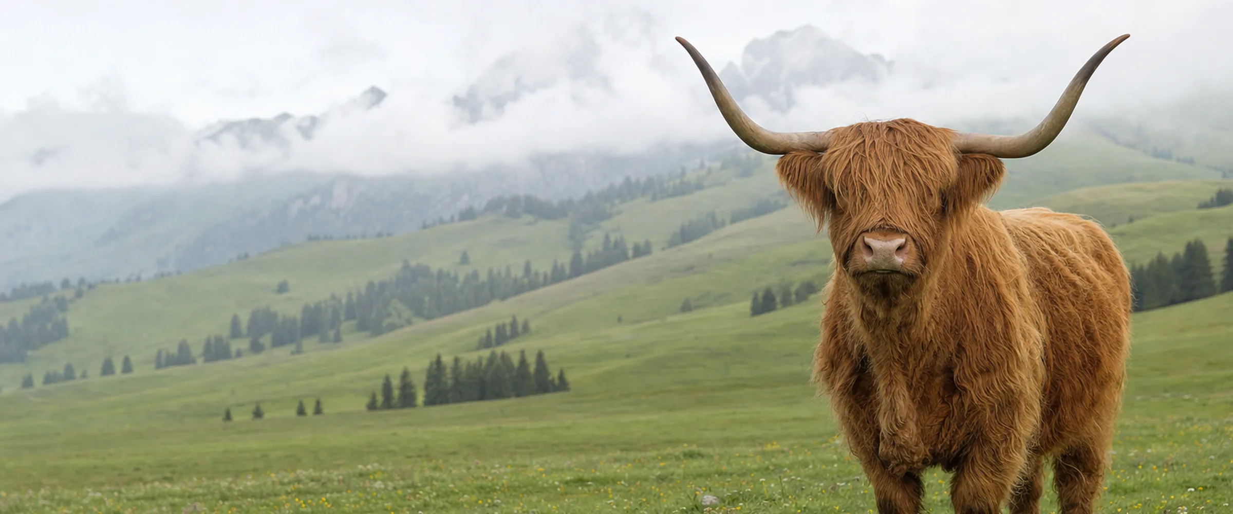 Schottisches Hochlandrind mit langem rotbraunem Fell, Stirnlocke und langen Hörnern auf einer Weide