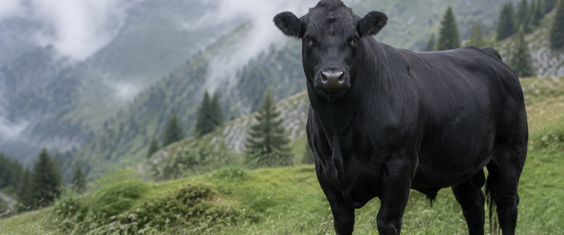 Schwarzes Wagyu-Angus Rind ohne Hörner auf einer Weide