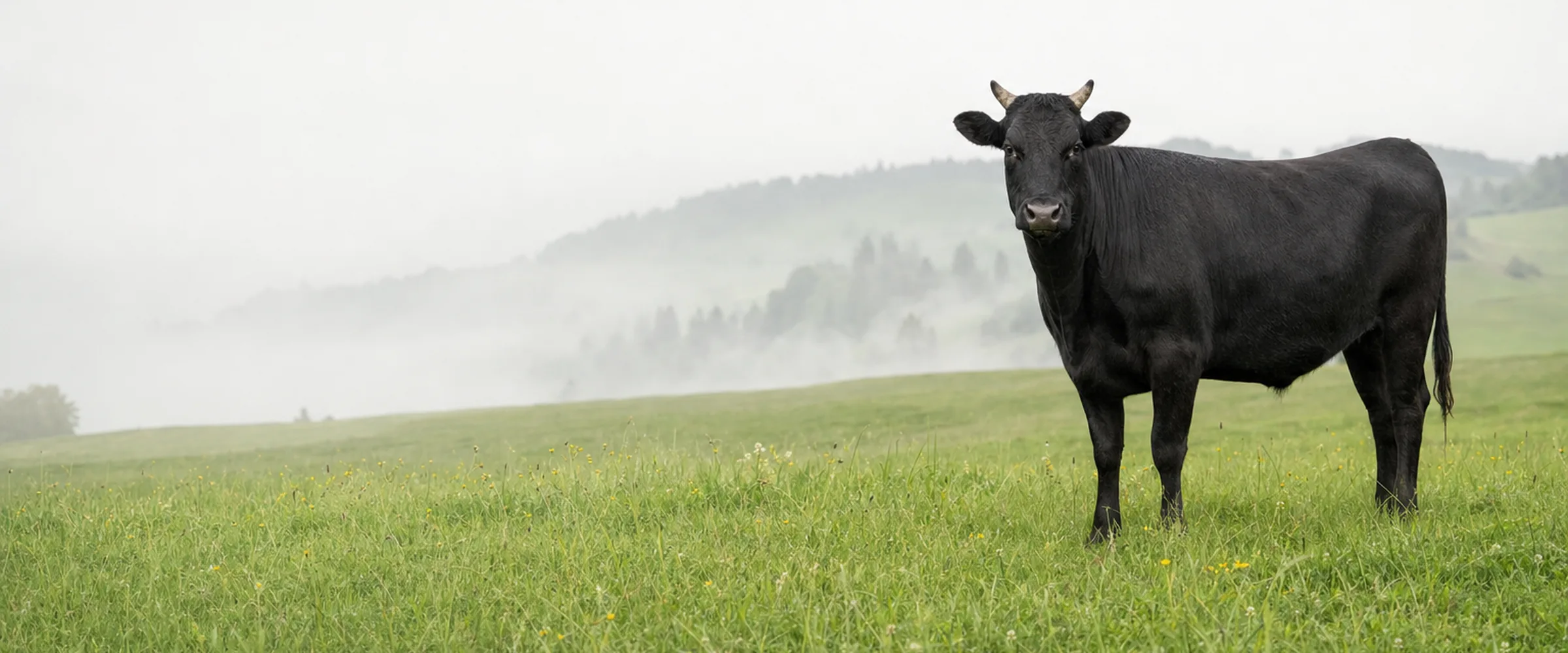 Schwarzes Wagyu Rind mit feinem Kopf und kurzen Hörnern auf einer Weide in den Voralpen