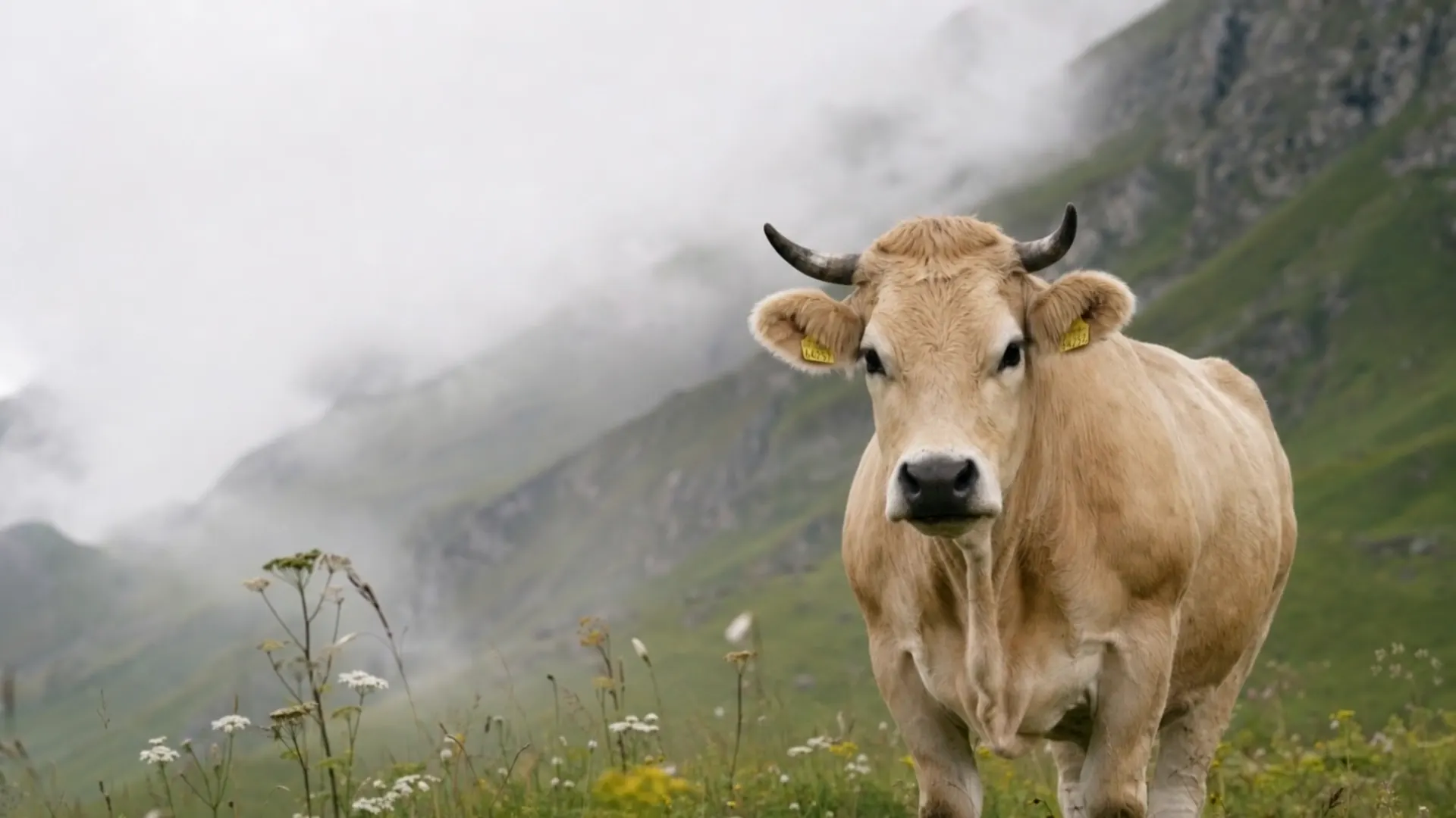 Aubrac Rind auf einer Bergwiese im Nebel